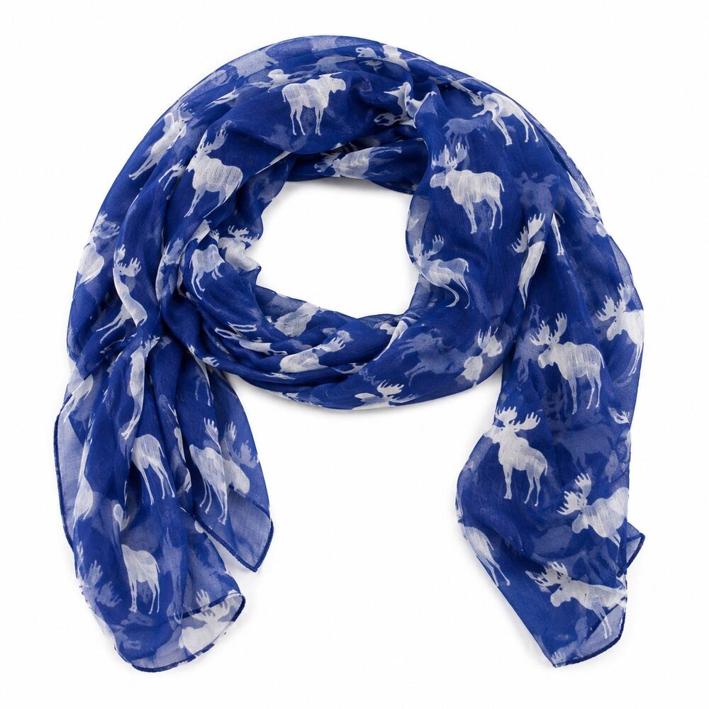 Nordic Moose Print Scarf Blue White Semi Sheer Gauze Wrap Norway Souvenir